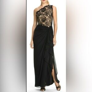 Tadashi Shoji Formal wedding guest maxi Size 8 Black Lace Asymmetrical Gown